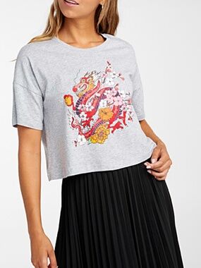 Noisy May gray oriental 100% cotton cropped oversized tee NWT